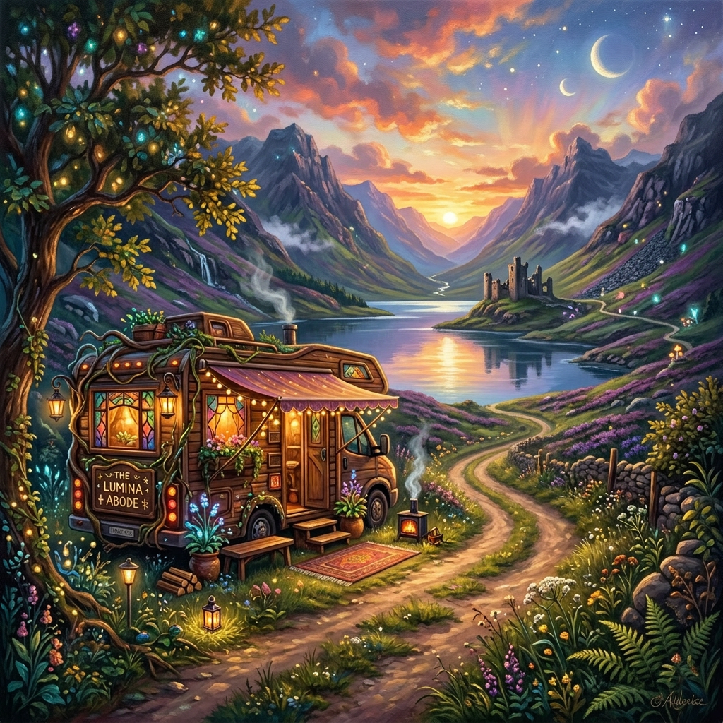 Wooden RV home with warm lights and plants on a winding countryside path at sunset